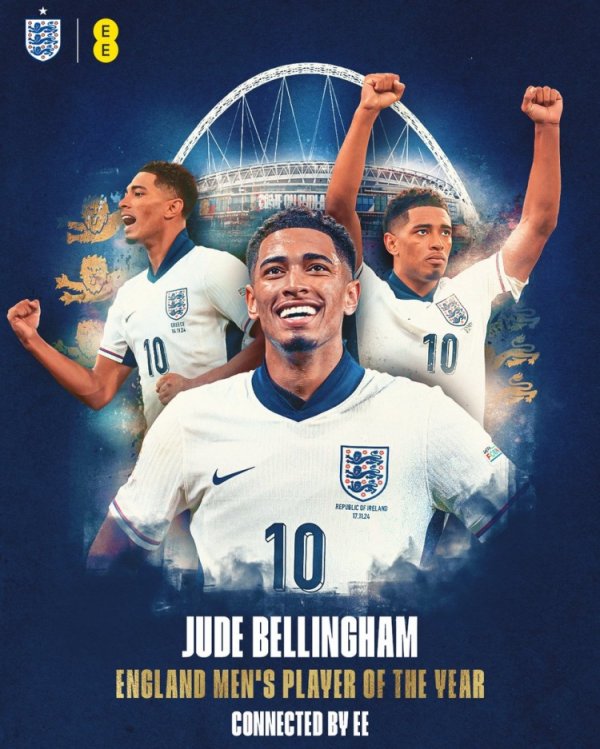 8 games, 1 goal and 4 assists! Official: Bellingham was elected England s best male player in 2024/25 season